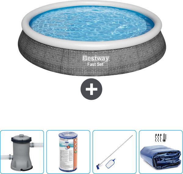 Piscina gonfiabile rotonda Bestway - stampa rattan - 396 x 84 cm - inclusa pompa - filtro - kit di pulizia - tenda da sole