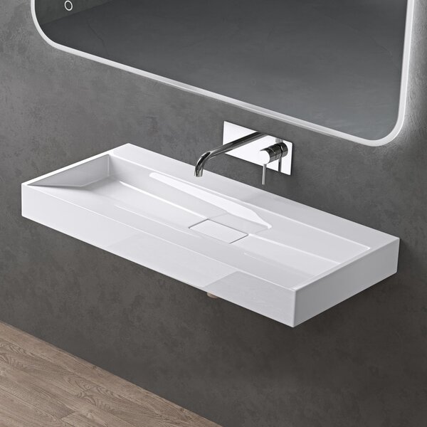 Doporro Lavabo da Appoggio Bagno Sospeso Lavandino Rettangolare in Marmoresina con Piletta di Scarico Inclusa Colossum19, 100x46x11 cm Bianco Lucido Senza Foro per Rubinetto