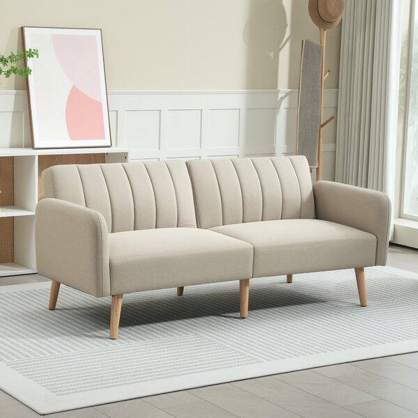 HOMCOM Divano Convertibile 2 Posti Design Scandinavo Schienale Regolabile 3 Posizioni Piedi Legno Tessuto Effetto Lino Beige