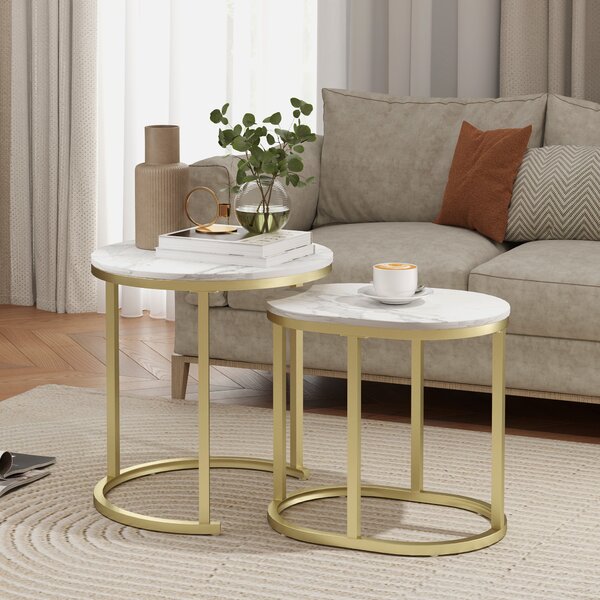 HOMCOM Set 2 Tavolini da Caffè con Piano Effetto Marmo, in Legno e Acciaio, Ø50x50.5 cm e 60x36x43.5 cm, Bianco | Aosom Italy