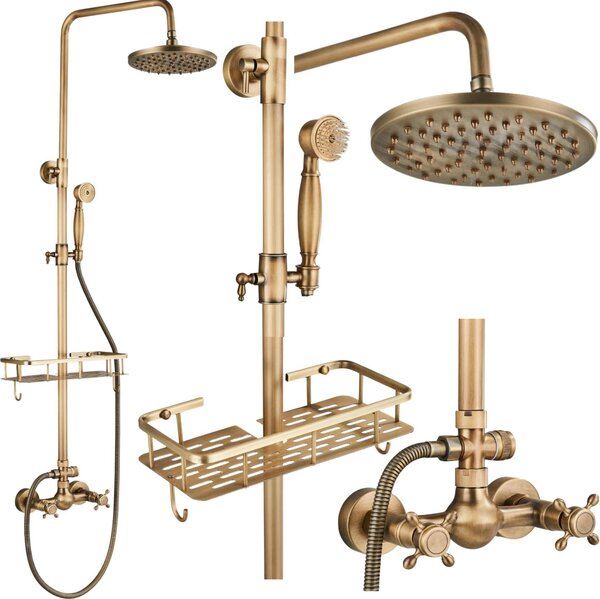 Miscelatore doccia retro in ottone, set con soffione a pioggia e doccetta, colonna telescopica, mensola, montaggio a parete