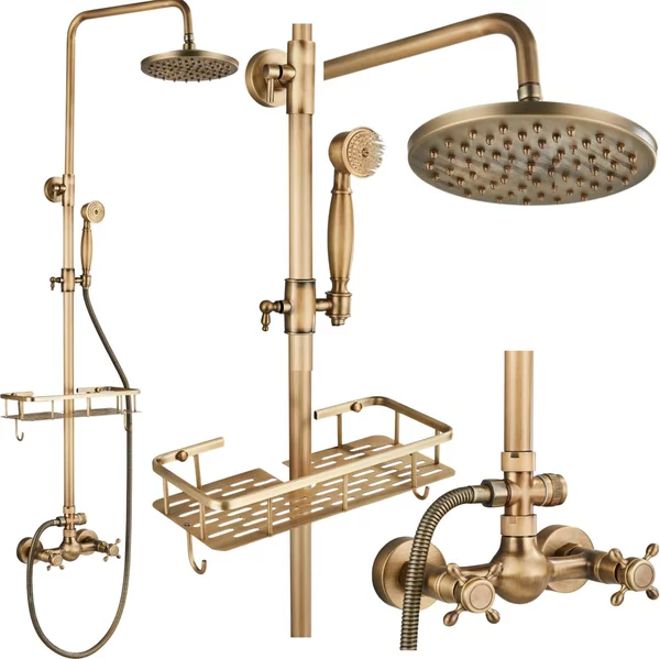 Miscelatore doccia retro in ottone, set con soffione a pioggia e doccetta, colonna telescopica, mensola, montaggio a parete