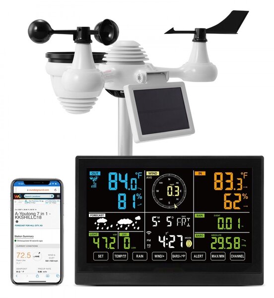 Stazione meteo professionale WLAN 7-in-1 ad energia solare Display da 7,5'' Portata di trasmissione 150 m - Sensore esterno per velocità del vento, direzione del vento, temperatura, umidità, precipitazioni