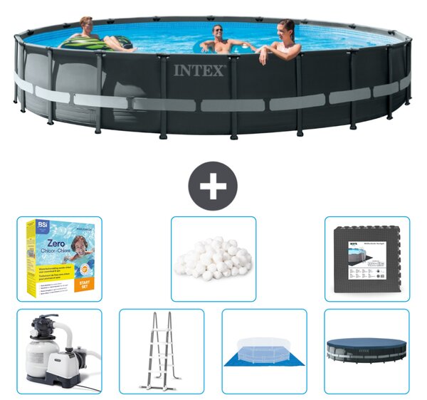 Piscina Intex Round Ultra XTR Frame - 610 x 122 cm - inclusa pompa - scaletta - telo di fondo - confezione di manutenzione della copertura - sfere filtranti - piastrelle per il pavimento