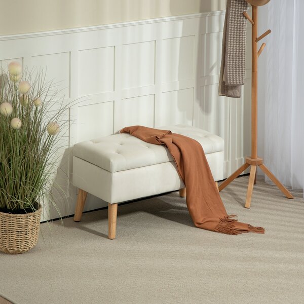 HOMCOM Panca contenitore cassapanca tessuto effetto velluto piedi in legno carico max. 120 kg 80 x 35 x 40 cm, crema