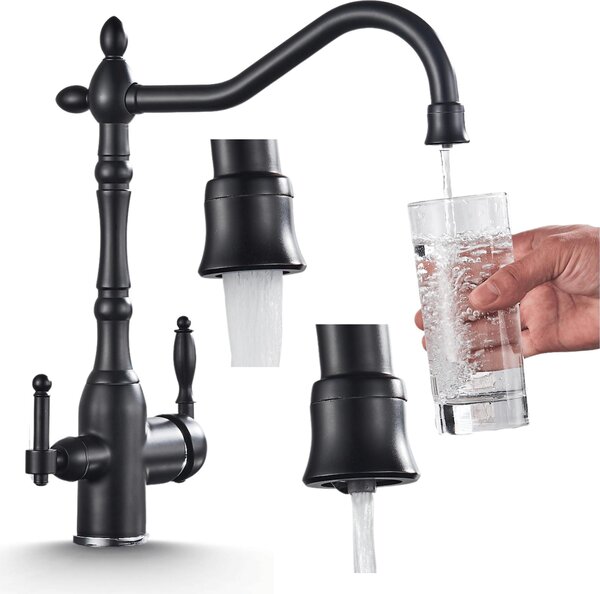 Rubinetto da cucina a 3 vie Ari Retro 2, nero, beccuccio girevole 360 gradi, cartuccia in Vetroceramica, per acqua filtrata