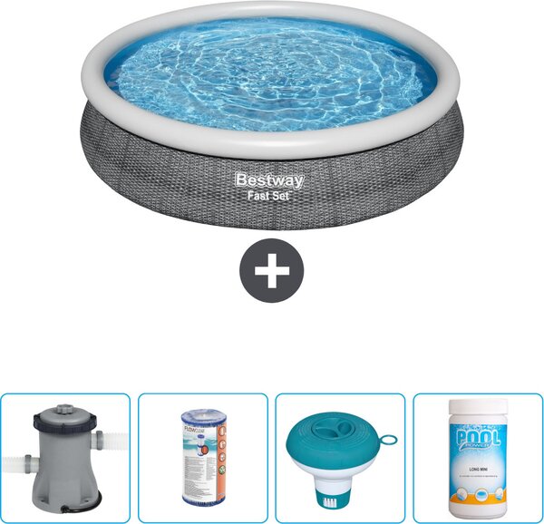 Bestway set gonfiabile rotondo veloce piscina - stampa rattan - 366 x 76 cm - incluso pompa filtro - galleggiante cloro - cloro
