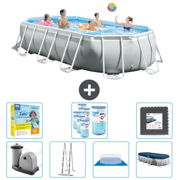 Piscina Intex Oval Prism Frame - 503 x 274 x 122 cm - Grigio - compresa pompa - scaletta - telo di fondo - pacchetto di manutenzione della copertura - filtro - piastrelle per il pavimento