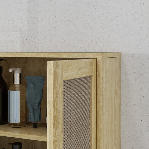HOMCOM Mobile da parete per bagno, mobile wc sospeso con doppia porta e ripiano aperto 59 x 20 x 66,5 cm effetto legno di quercia