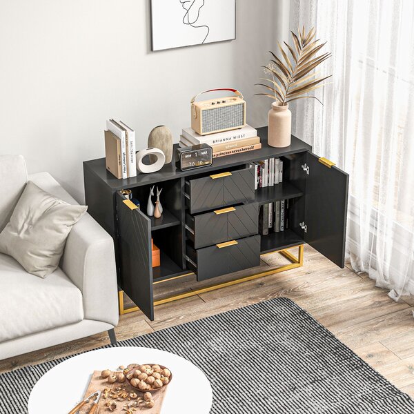 HOMCOM Buffet design contemporaneo graphique 2 armadi porta ripiani regolabili 3 cassetti scorrevoli in legno nero metallo dorato