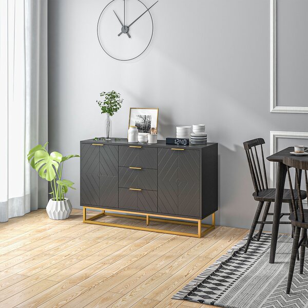 HOMCOM Buffet design contemporaneo graphique 2 armadi porta ripiani regolabili 3 cassetti scorrevoli in legno nero metallo dorato