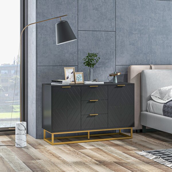 HOMCOM Buffet design contemporaneo graphique 2 armadi porta ripiani regolabili 3 cassetti scorrevoli in legno nero metallo dorato