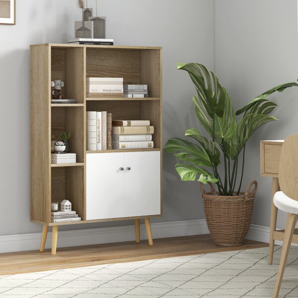 HOMCOM Libreria scandinava mobile da parete dim. 80L x 23,5P x 123A cm 5 nicchie armadietto 2 porte piedi inclinati