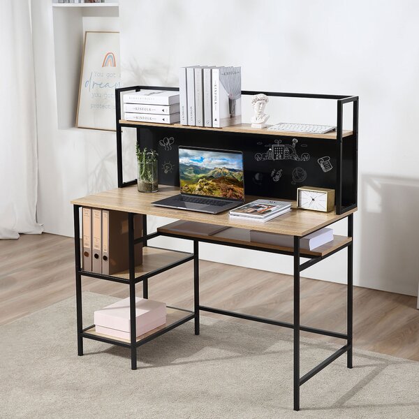 HOMCOM Scrivania con ripiani scrivania informatica scrivania da computer con 4 ripiani, ampio piano e lavagnetta nera per salotto camera ufficio a casa 120L x 53P x 126H cm, rovere e nero