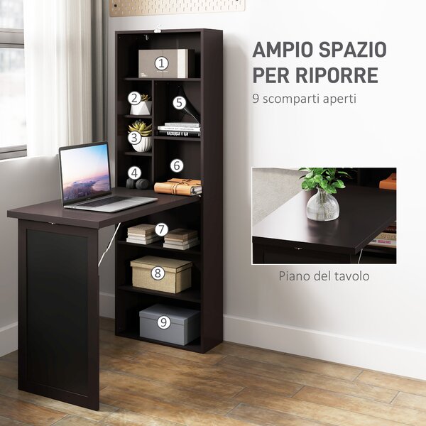 HOMCOM Scrivania Moderna Pieghevole con Libreria e Lavagna, in Legno e Metallo, 98x51x153 cm, Marrone | Aosom Italy