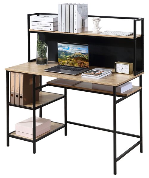 HOMCOM Scrivania con ripiani scrivania informatica scrivania da computer con 4 ripiani, ampio piano e lavagnetta nera per salotto camera ufficio a casa 120L x 53P x 126H cm, rovere e nero