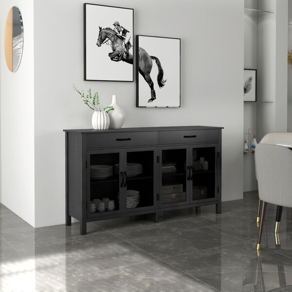 HOMCOM Mobiletto basso meuble de rangement 4 porte con étagères reglables e 2 cassetti stile industriale 150 x 40 x 85 cm nero
