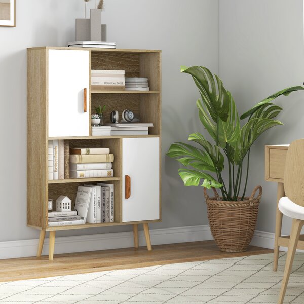 HOMCOM Libreria scandinava 4 nicchie + 2 armadi con ripiano dim. 80L x 24l x 123H cm Piedi affusolati inclinati Legno Massiccio Quercia