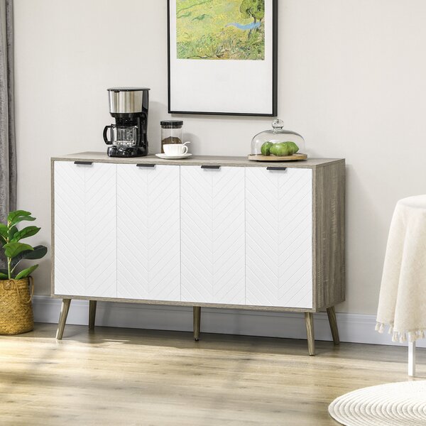 HOMCOM Buffet basso mobile da archiviazione 2 armadi 4 porte motivo spina di pesce ripiani regolabili 120 x 35 x 77,4 cm bianco e grigio