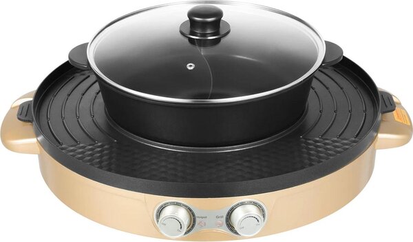 Pentola elettrica e grill - Apparecchio da tavolo 2 in 1 - 2200 W - Pentola Yin-Yang divisa - Coperchio in vetro - Rivestimento antiaderente - Blu