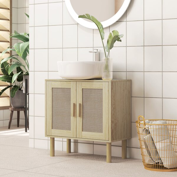 HOMCOM Mobile bagno sottolavabo mobile sottolavabo ante in rattan piedi in legno di pino 2 livelli 60 x 30 x 60 cm quercia