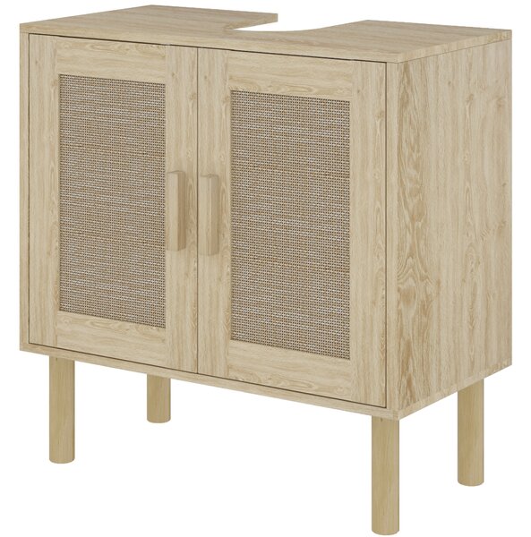 HOMCOM Mobile bagno sottolavabo mobile sottolavabo ante in rattan piedi in legno di pino 2 livelli 60 x 30 x 60 cm quercia