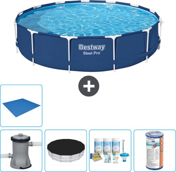 Piscina Bestway Round Steel Pro - 396 x 84 cm - blu - inclusa copertura della pompa - pacchetto manutenzione - filtro - copertura del suolo