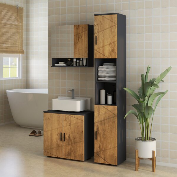 Kleankin Armadietto murale specchio da bagno armadietto da parete con ripiani regolabili 2 porte 55 x 17 x 55 cm naturale grigio scuro