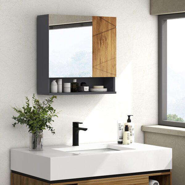 Kleankin Armadietto murale specchio da bagno armadietto da parete con ripiani regolabili 2 porte 55 x 17 x 55 cm naturale grigio scuro