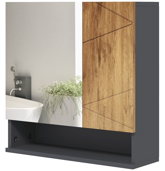 Kleankin Armadietto murale specchio da bagno armadietto da parete con ripiani regolabili 2 porte 55 x 17 x 55 cm naturale grigio scuro