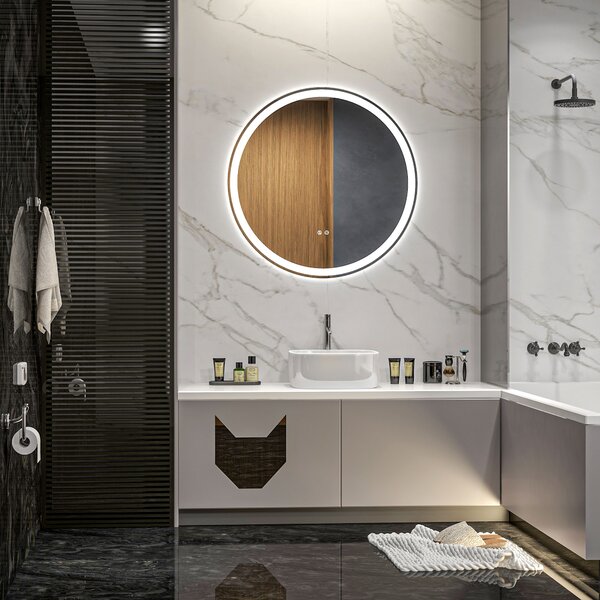 Kleankin Specchio rotondo luminoso LED da bagno Ø 70 cm murale con illuminazione 3 colori interruttore tattile 23W bianco argento