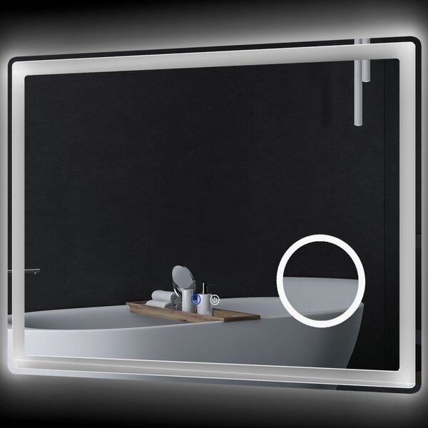 Kleankin Specchio da bagno rettangolare a LED con funzione anti-appannamento, luminosità regolabile, specchio ingranditore x3 80 x 60 cm trasparente