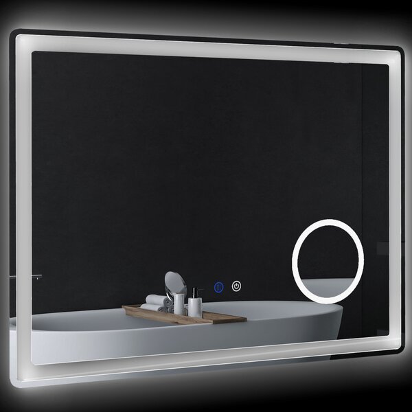 Kleankin Specchio da bagno rettangolare a LED con funzione anti-appannamento, luminosità regolabile, specchio ingranditore x3 80 x 60 cm trasparente