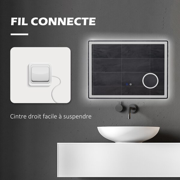 Kleankin Specchio da bagno rettangolare a LED con funzione anti-appannamento, luminosità regolabile, specchio ingranditore x3 80 x 60 cm trasparente