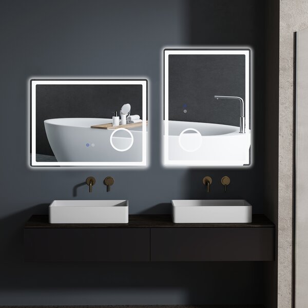 Kleankin Specchio da bagno rettangolare a LED con funzione anti-appannamento, luminosità regolabile, specchio ingranditore x3 80 x 60 cm trasparente