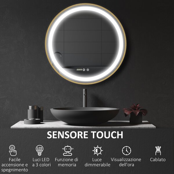 Kleankin Specchio Bagno con Luce LED, Luminosità Regolabile a 3 Tonalità e Funzione Memoria, Ø60 cm, Oro | Aosom Italy