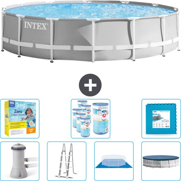 Piscina Intex Round Prism Frame - 427 x 107 cm - Grigio - inclusa pompa - scaletta - telo di fondo - pacchetto di manutenzione della copertura - filtro - piastrelle per il pavimento