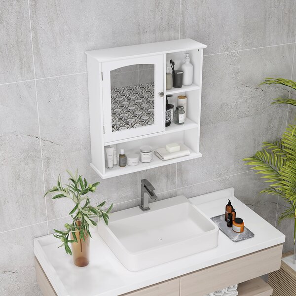 Kleankin Armadio Murale Bagno Armadietto a Specchio Toilette 1 Anta Vano + Mensole Laterali MDF Bianco