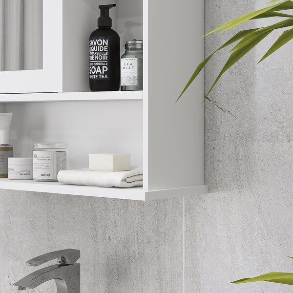 Kleankin Armadio Murale Bagno Armadietto a Specchio Toilette 1 Anta Vano + Mensole Laterali MDF Bianco