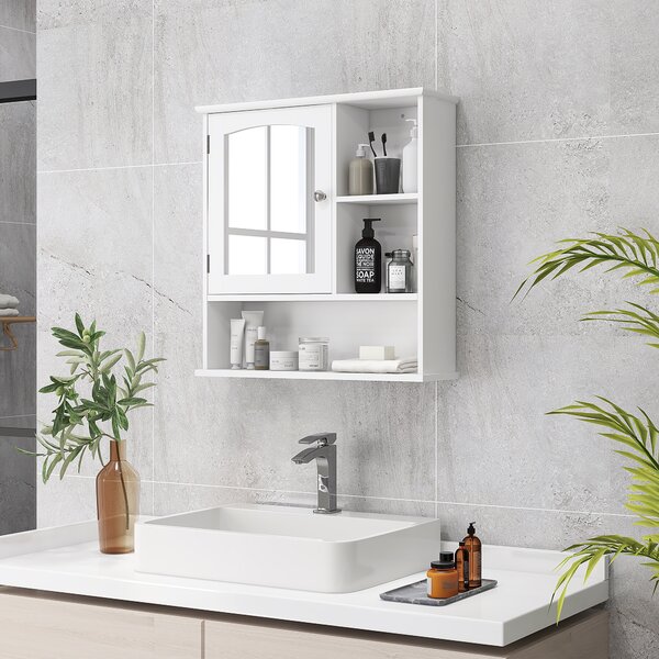 Kleankin Armadio Murale Bagno Armadietto a Specchio Toilette 1 Anta Vano + Mensole Laterali MDF Bianco
