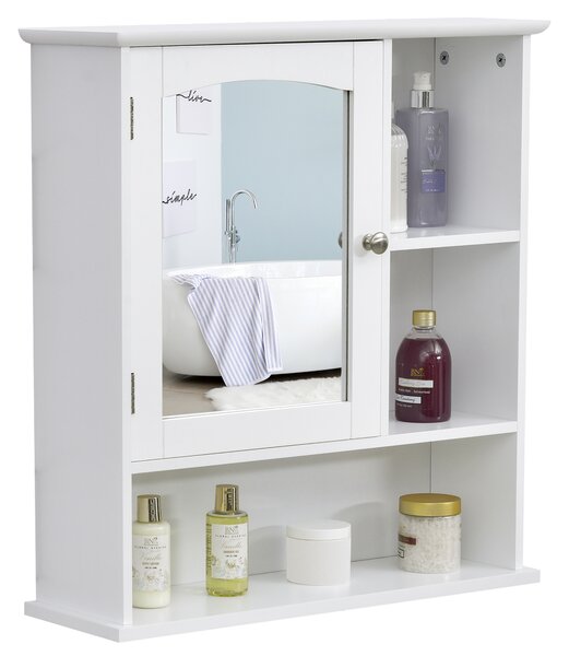 Kleankin Armadio Murale Bagno Armadietto a Specchio Toilette 1 Anta Vano + Mensole Laterali MDF Bianco