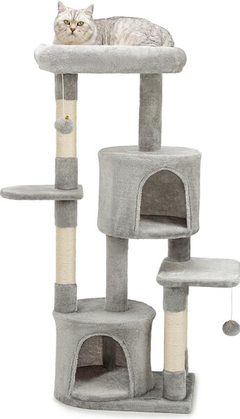 Tiragraffi per gatti lionto 115 cm, albero di arrampicata stabile con 3 livelli, 2 grotte e 4 paletti in sisal, incl. supporto da parete, grigio chiaro