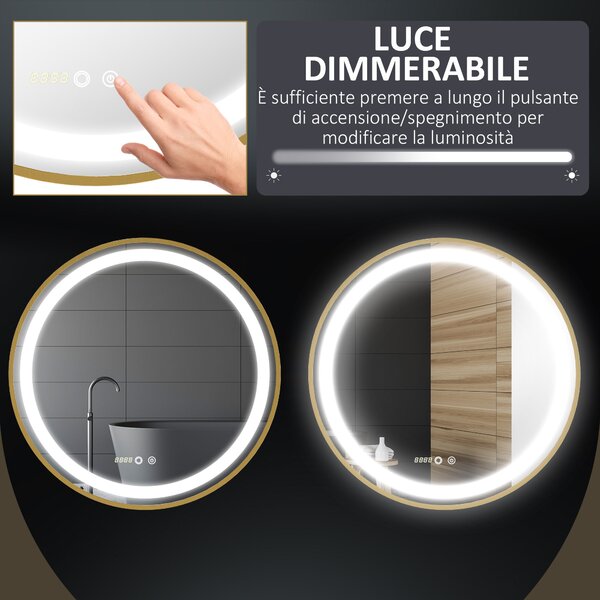 Kleankin Specchio Bagno con Luce LED, Luminosità Regolabile a 3 Tonalità e Funzione Memoria, Ø60 cm, Oro | Aosom Italy