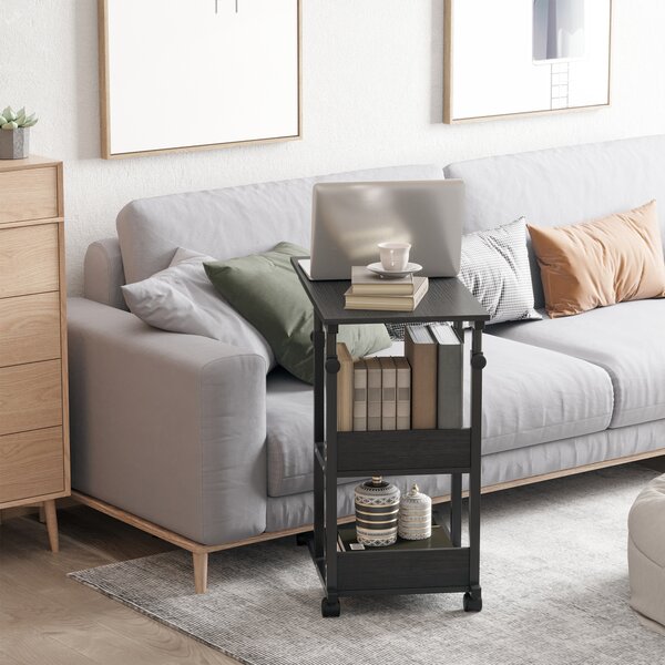 HOMCOM Tavolino da Salotto Tavolino a Rotelle Tavolino da Letto per Computer Portatile Altezza Regolabile - 2 Mensole integrate - telaio metallico Nero