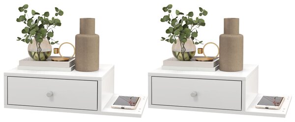 HOMCOM Set di 2 comodini da parete - set di 2 comodini da notte - ripiano laterale e cassetto - 55l x 30P x 15H cm bianco in pannello di particelle