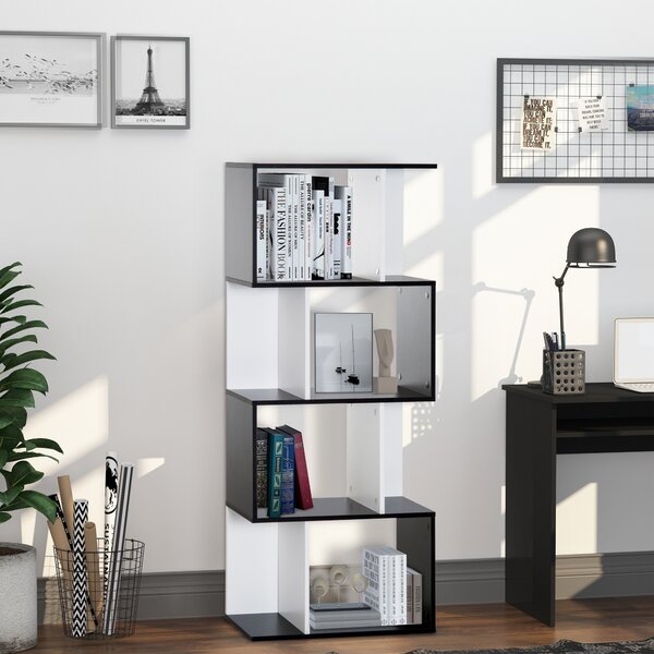 HOMCOM Libreria Scaffale Mobile da Rangement di Design Contemporaneo a Forma di S 4 mensole 60L x 24l x 148H cm Nero Bianco