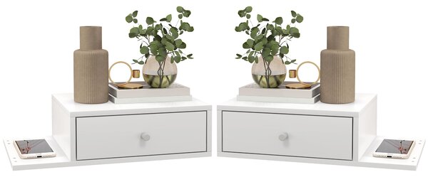 HOMCOM Set di 2 comodini da parete - set di 2 comodini da notte - ripiano laterale e cassetto - 55l x 30P x 15H cm bianco in pannello di particelle