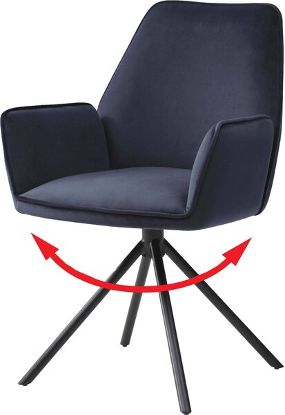 Sedia da pranzo HWC-G67, sedia da cucina Sedia con braccioli, posizione girevole automatica, velluto MVG ~ blu antracite, gambe nere