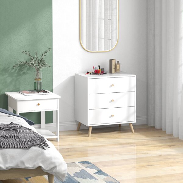 HOMCOM Comò 3 cassetti Design scandinavo Mobile da Ripostiglio MDF Bianco maniglia piedini effilato Legno Massello di pino