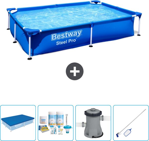 Piscina Bestway Steel Pro rettangolare - 221 x 150 x 43 cm - blu - include copertura - pacchetto manutenzione - pompa - kit pulizia